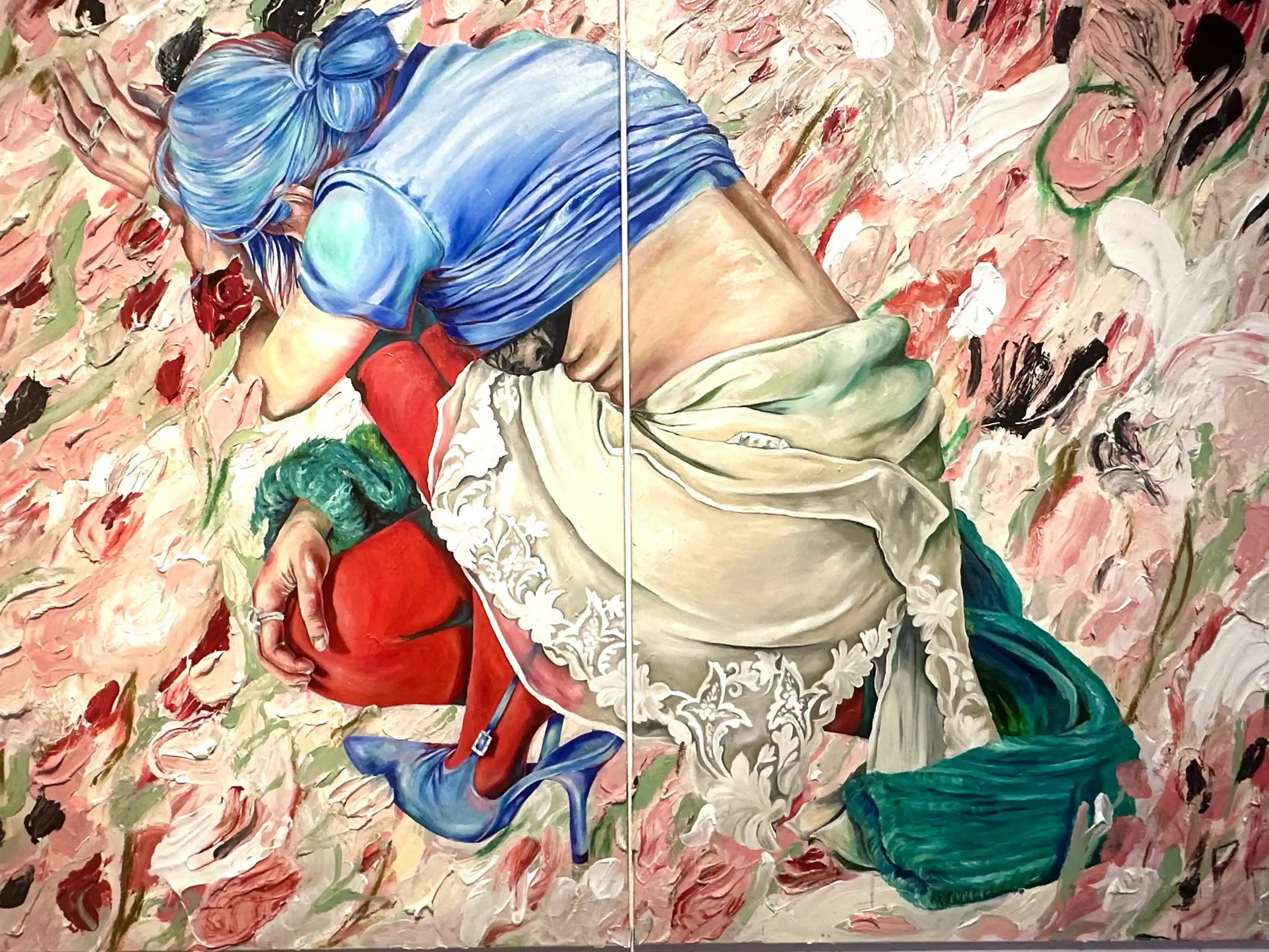 Anna Deller-Yee<br />
Lift your head, Öl, Acrylfarbe, Gelmedium, Ölkreiden und Buntstift auf Baumwollcanvas und Baumwoll-Popeline, 2025, 120×160 cm, courtesy the artist