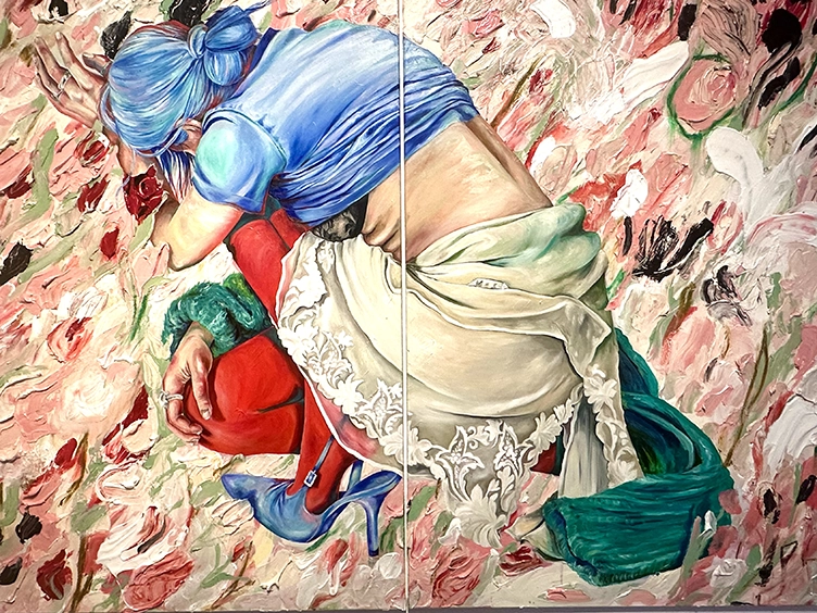 Anna Deller-Yee Lift your head, Öl, Acrylfarbe, Gelmedium, Ölkreiden und Buntstift auf Baumwollcanvas und Baumwoll-Popeline, 2025, 120×160 cm, courtesy the artist