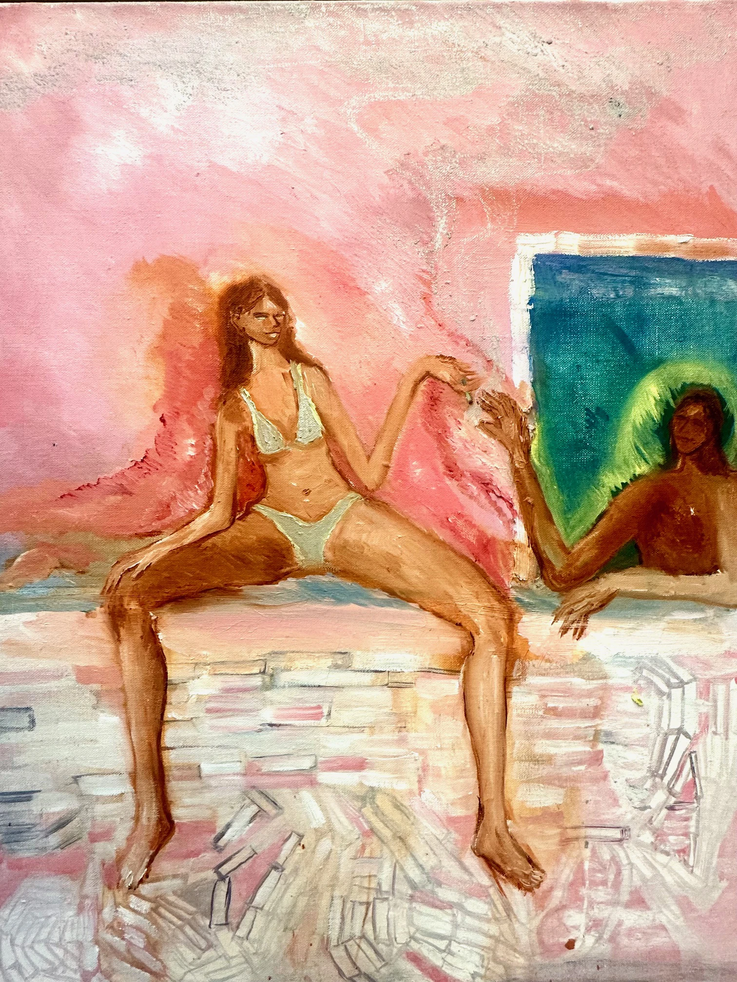 Anna Deller-Yee Lift your head, Oil, acrylic paint, gel medium, oil pastels and coloured pencil on cotton canvas and cotton poplin, 2025, 120×160 cm, courtesy the artist