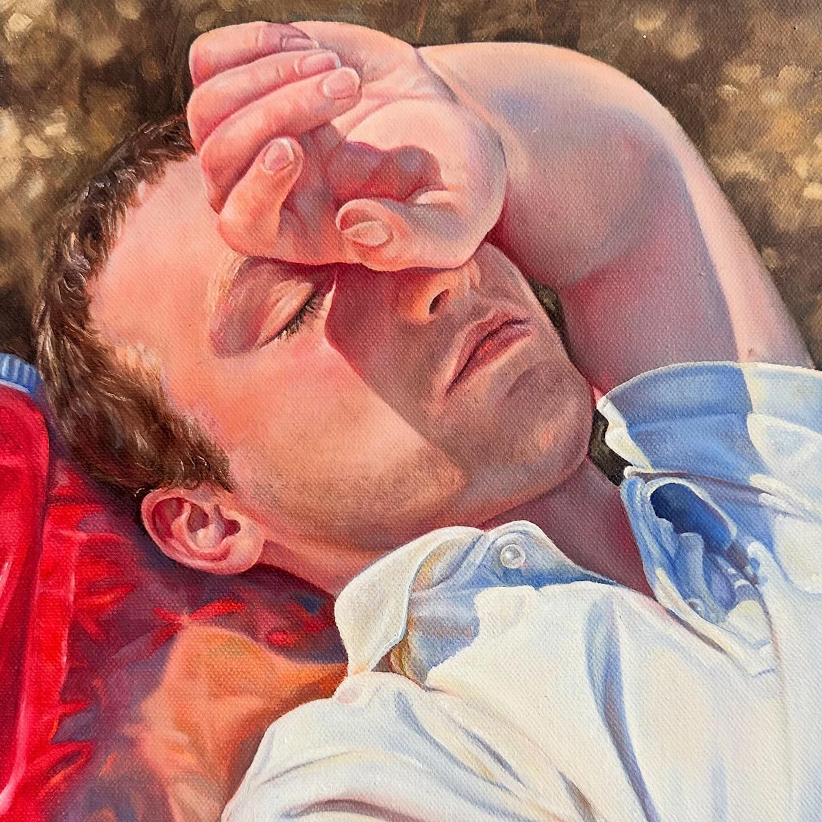 Anna Deller-Yee Lift your head, Öl, Acrylfarbe, Gelmedium, Ölkreiden und Buntstift auf Baumwollcanvas und Baumwoll-Popeline, 2025, 120×160 cm, courtesy the artist